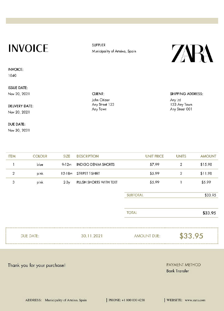 USA ZARA invoice template PSD template